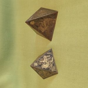 Two Vintage Art Deco Egyptian Revival Copper Bronze Etched Pyramids